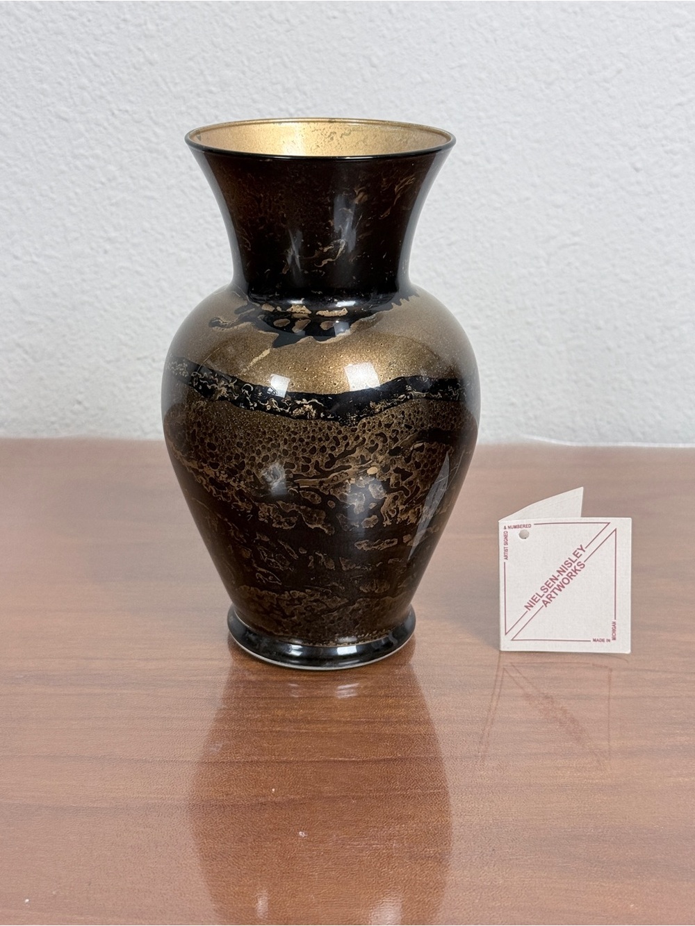 Handmade Painted Fluted Glass Black & Gold Art Vase 7” Signed, 2000
